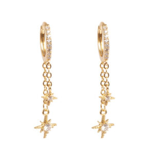 Earr, 13mm creol, brass double stars dangling 18K GP